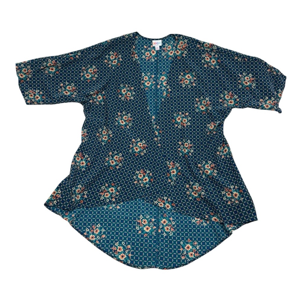 LuLaRoe Teal Floral Patterned Lindsay Kimono Open Front Cardigan - Size Small